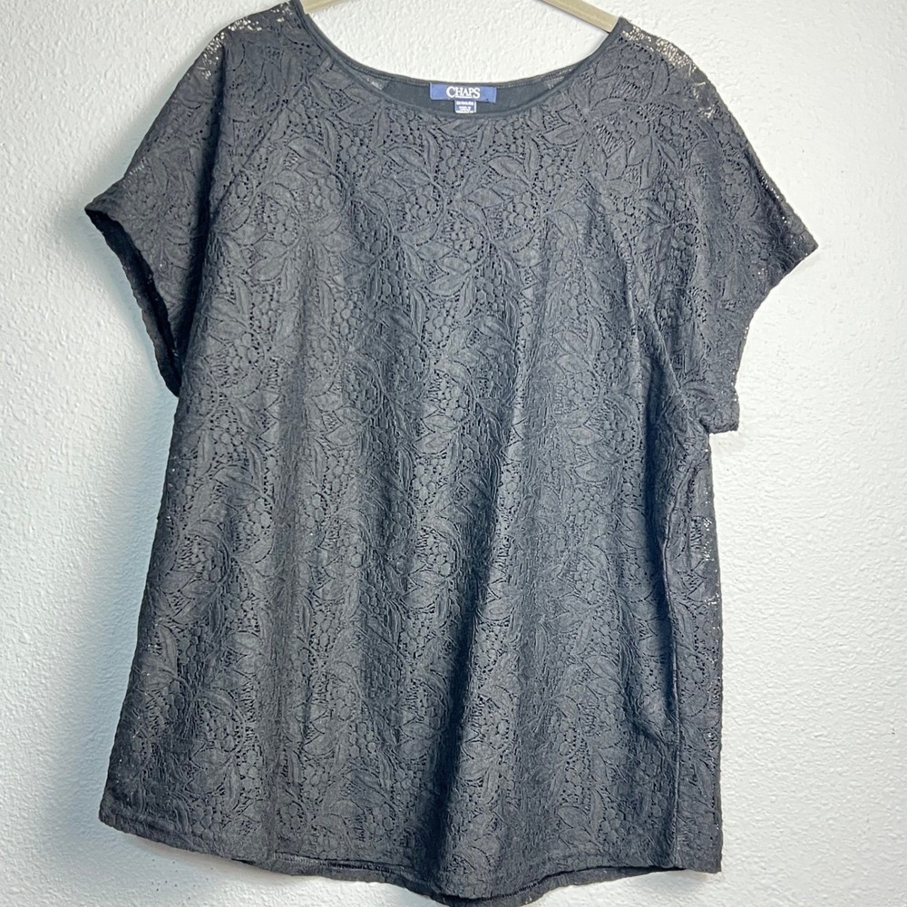 Chaps Black Semi Sheer Opaque Lace Overlay Top Plus Size 1X Short Sleeve Gothic